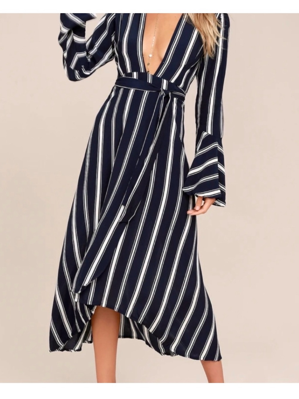 Faithfull the Brand Navy and White Striped Wrap High-Low Midi Dress